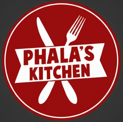 A circular red and white logo featuring crossed cutlery and a banner reading “PHALA’S KITCHEN” on a dark gray background.