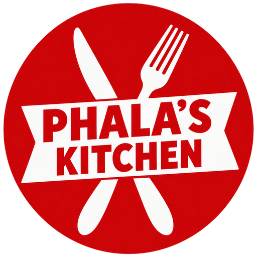 A circular red logo with a white banner reading 'PHALA'S KITCHEN' and white cutlery icons of a knife and fork behind it, on a white background.