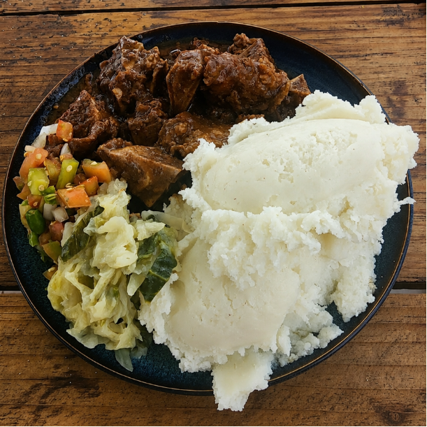 A top-down view of a black plate containing mashed potatoes, braised meat, coleslaw, and a side of mixed vegetables, set on a rustic wooden table.